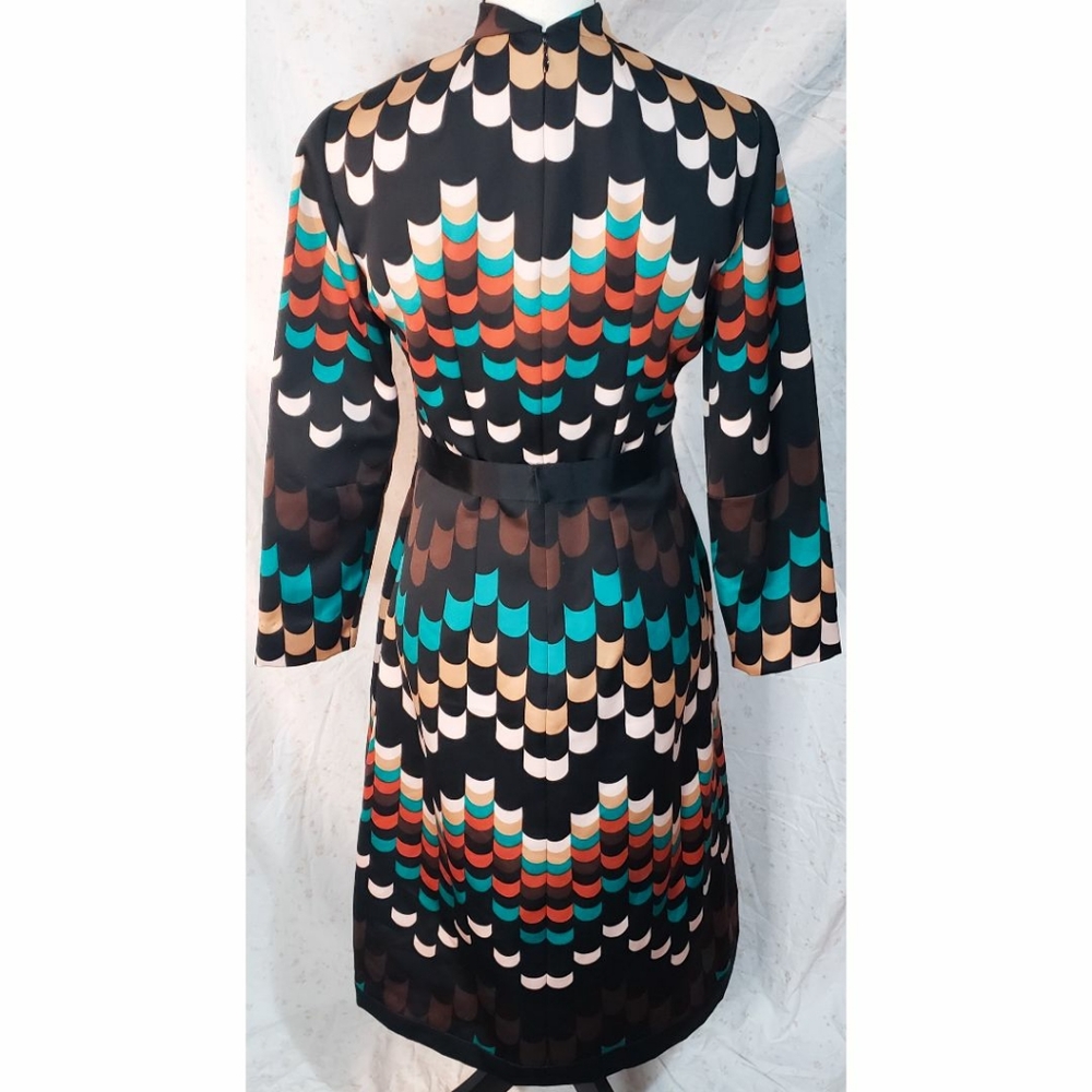 Adele Simpson Vintage 60s Black Geometric Dress Brown Teal Mock Neck Sheath - Picture 2 of 4